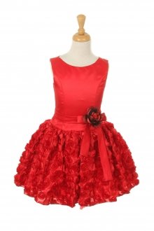Red Sleeveless Satin & Taffeta Dress with Rosette Skirt Flower Girl Dress