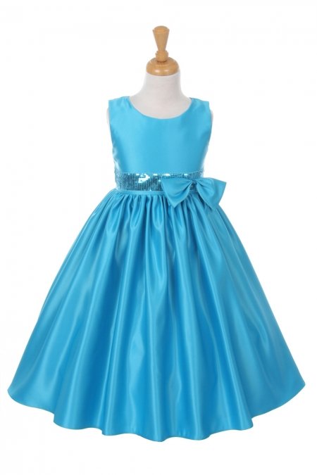 Turquoise Sleeveless Satin Dress with Sequin Accent on Waistline Turquoise Sleeveless Satin Dress with Sequin Accent on Waistline