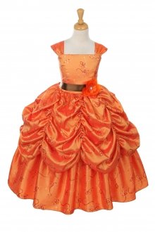 Orange Embroidered Taffeta Flower Girl Dress with Pick Up Skirt