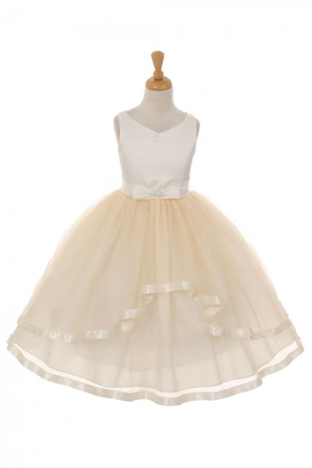 Champagne Satin & Tulle Double Layer Skirt Flower Girl Dress