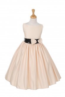 Champagne/Black Sleeveless Satin Dress with Sequin Accent on Waistline Champagne/Black Sleeveless Satin Dress with Sequin Accent on Waistline