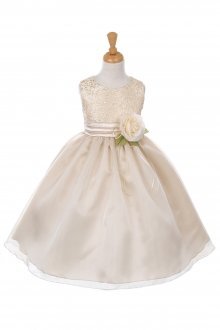 Champagne Brocade Bodice Flower Girl Dress with Organza Skirt 