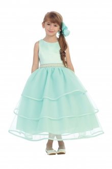 Mint Green Sleeveless Satin & Organza with Beaded Waist Flower Girl Dress