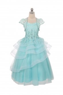 Mint Green Lace Bodice Flower Girl Dress with Intricate Embroidered Design