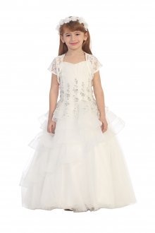 Ivory Lace Bodice Flower Girl Dress with Intricate Embroidered Design