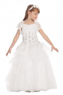 White Lace Bodice Flower Girl Dress with Intricate Embroidered Design