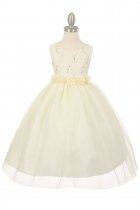 Ivory Sleeveless Lace Flower Girls Dress with Floral Sash