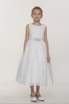 White Sleeveless Lace Flower Girl Dress With Beaded Satin Sash