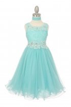 Aqua Sleeveless Lace Flower Girl Dress with See Through Waistline