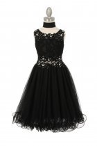Black Sleeveless Lace Flower Girl Dress with See Through Waistline