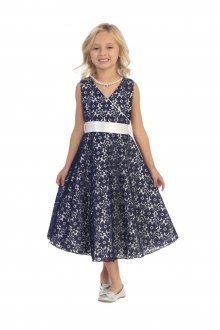 Navy Lace Floral Pattern Flower Girl Dress with Pearl Necklace 