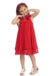 Red Satin bib necklin & chiffon A-line flower girl dress