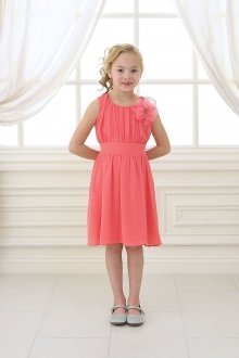 Coral Chiffon Pleated Dress With Elastic Waist Band And Scoop Neckline