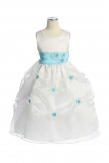 Ivory/Turquoise Organza Pick Up Skirt Flower Girl Dress