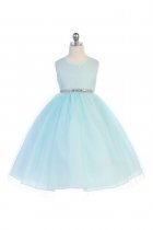 Aqua Satin Bodice Flower Girl Dress with Overlay Tulle Skirt