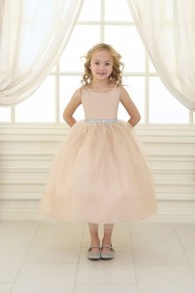 Champagne Satin Bodice Flower Girl Dress with Overlay Tulle Skirt
