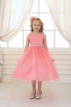 Coral Satin Bodice Flower Girl Dress with Overlay Tulle Skirt