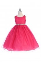 Fuchsia Satin Bodice Flower Girl Dress with Overlay Tulle Skirt