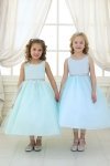 Champagne Satin Bodice Flower Girl Dress with Overlay Tulle Skirt