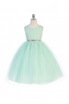 Mint Satin Bodice Flower Girl Dress with Overlay Tulle Skirt
