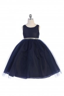 Navy Blue Satin Bodice Flower Girl Dress with Overlay Tulle Skirt