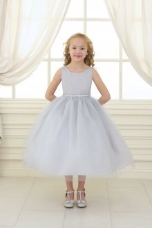 Silver Satin Bodice Flower Girl Dress with Overlay Tulle Skirt
