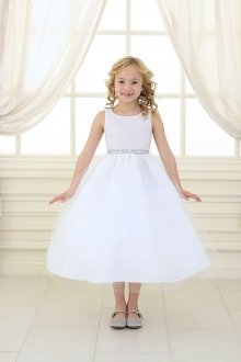 White Satin Bodice Flower Girl Dress with Overlay Tulle Skirt