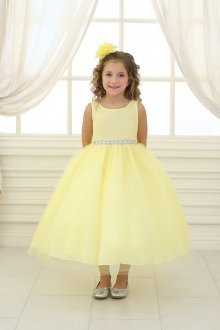 Yellow Satin Bodice Flower Girl Dress with Overlay Tulle Skirt