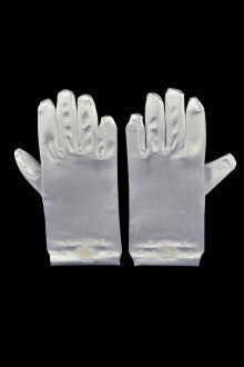 White Short Satin Girls Glove with Pearls and Flower Accents