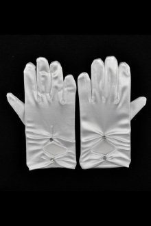 White Short Satin Girls Glove with Rhinestone Accents