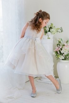 White/Champagne Lace Bodice and Organza Double Layered Skirt Flower Girl Dress 