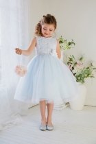 White/Blue Sleeveless Poly-Cotton Lace Top Flower Girl Dress 