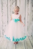 Ivory/Mint Sleeveless Satin Flower Petal Flower Girl Dress with Sash