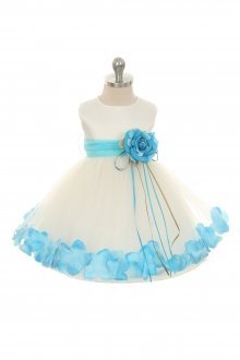 Ivory/Aqua Infant Rose Petal Flower Girl Dress with Removable Sash