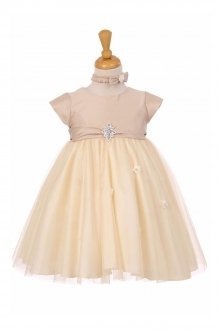 Champagne Dupioni Silk Bodice Infant Girl Dress with Overlay Tulle Skirt