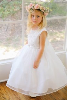 White Sleeveless Organza Lace Bodice Flower Girl Dress