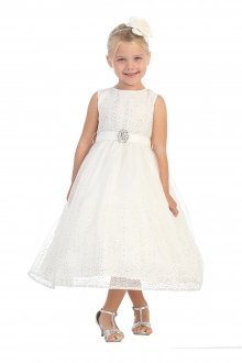 Off White Classic Glitter Tulle Overlaid Flower Girl Dress