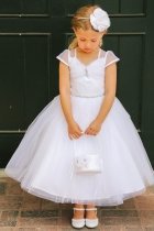 White Satin and Tulle Cap Sleeve Flower Girl Dress with Rhinestone Accents