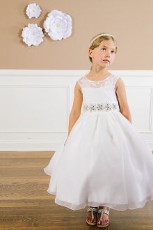 White Sleeveless Lace and Organza Flower Girls Dress with Beaded Sash