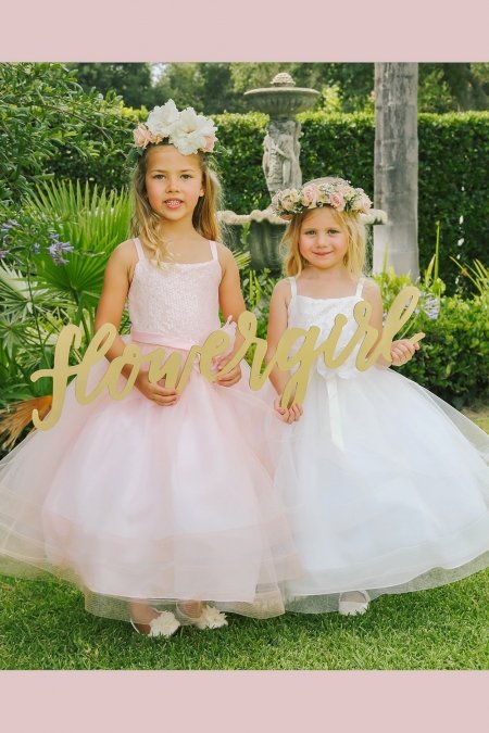 Blush or White Sleeveless Sequin Lace Bodice Flower Girl Dress with Overlay Tulle Skirt