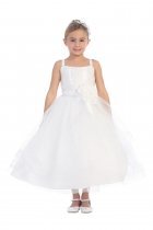White Sleeveless Sequin Lace Bodice Flower Girl Dress with Overlay Tulle Skirt