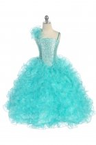 Aqua Single Shoulder Princess Pageant Girl Ball Gown