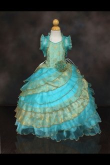 Aqua/Gold Sleeveless Organza Ruffled Dress with Diagonal Layers Pageant Dress 