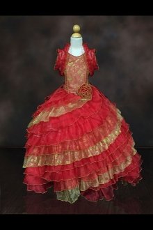 Red/Gold Sleeveless Organza Ruffled Dress with Diagonal Layers Pageant Dress 