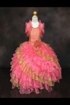 Coral/Gold Sleeveless Organza Ruffled Dress with Diagonal Layers Pageant Dress 