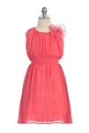 Coral Chiffon Pleated Dress With Elastic Waist Band And Scoop Neckline Coral Chiffon Pleated Dress With Elastic Waist Band And Scoop Neckline
