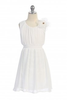 Ivory Chiffon Pleated Dress With Elastic Waist Band And Scoop Neckline