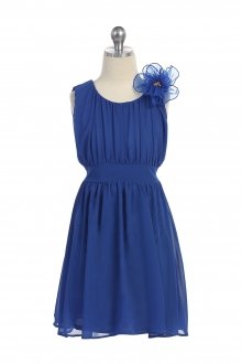 Royal Chiffon Pleated Dress With Elastic Waist Band And Scoop Neckline