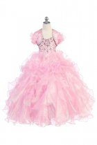 Pink Multi Ruffled Metallic Organza Dress with Bolero Jacket