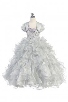 Silver Multi Ruffled Metallic Organza Dress with Bolero Jacket